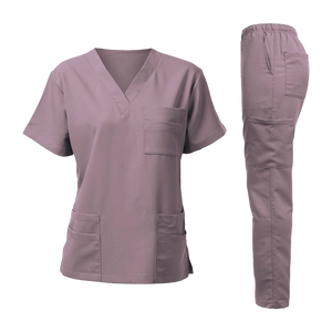Hauts de travail unisexes pour le secteur de la santé, en coton 100% extensible et anti-humidité, avec col en V et panneaux latéraux côtelés en tissu tissé - Product Image 2