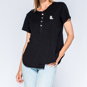 Women's Black Short Sleeve O-Neck T-<b>Shirt</b> Button Front Logo Casual Regular Fit Knitted Organic Cotton Solid Color Summer - Product Image 3