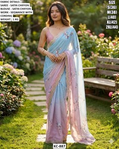 Golden Aura Ethnic <b>Satin</b> Chiffon <b>Saree</b>-Moisture-Wicking & Wrinkle-Free for Wedding Occasions - Product Image 3