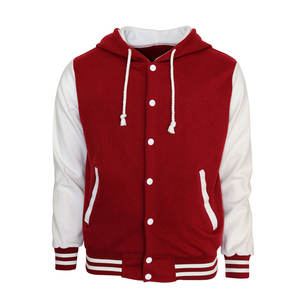 Chaqueta Varsity Premium para Hombre |   Chaqueta Bomber Letterman con Forro Polar de Lona, Impermeable, Color Granate, Borgoña, Blanco Hielo, Mangas en Contraste - Product Image 1