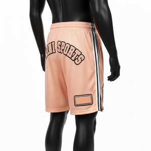 กางเกงว่ายน้ำชายผ้าโพลีเอสเตอร์คุณภาพสูง สีพีชอ่อน ดีไซน์แถบข้างแบบพิเศษ พิมพ์ลายและโลโก้ตามสั่ง - Product Image 3