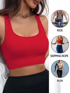 Seamless Ribbed Band Fitness Crop Top | Scoop Neck Racerback <b>Running</b> Sports Bra | Ladies <b>Padded</b> Compression Exercise Wear - Product Image 2