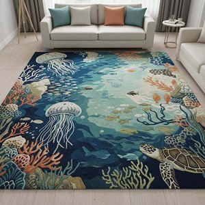 Tapis d'intérieur sur le thème marin, design tortue de mer, méduse, corail, tapis tufté à la main, tapis de salon côtier, décoration de sol moderne inspirée de l'océan - Product Image 1