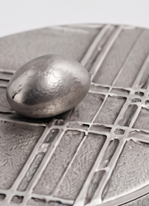 Luxury Silver Textured Metal Date And Dry Fruit Storage Box Abstract Linear Lid With Pebble Knob Finial - Product Image 4