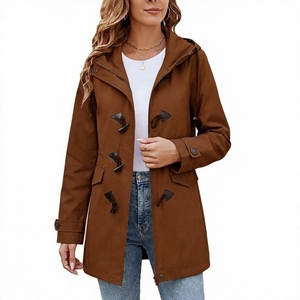 Manteau trench noir à capuche pour femme, manches longues, fermeture éclair et boutons-pression - Product Image 4