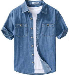 <b>Men's</b> Denim Short Sleeve Shirt Solid Color Button Down Casual Summer Cotton Regular Fit Turn-down Collar Medium Wash - Product Image 1