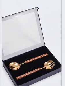 Modern Stainless Steel <b>Salad</b> <b>Servers</b> With <b>Wooden</b> Handle Glossy Gold Polish Dishwasher Safe Flatware Set For Wedding Dinnerware - Product Image 6