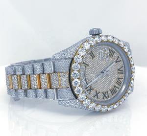 Último Hip Hop forma redonda dos tonos amarillo oro plata Iced Out reloj con función de fecha automática VVS calidad Moissanite Diamond - Product Image 2