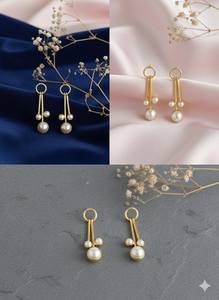 Pendientes de Plata de Ley 925 con Baño de Oro de 14K, Diseño Minimalista con Triple Perla, Joyería Moderna para Regalo - Product Image 3