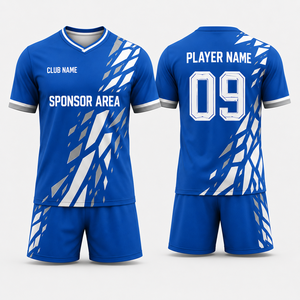 เสื้อฟุตบอลแขนสั้นพิมพ์ลายแบบซับลิเมชั่นตามสั่ง เนื้อผ้าโพลีเอสเตอร์ 100% ระบายอากาศได้ดี เทคโนโลยีดูดซับความชื้น รับผลิตแบบ OEM สำหรับสโมสร - Product Image 1
