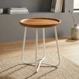 Mesa Auxiliar Redonda Moderna con Tapa de Madera y Patas de Metal Blancas, Diseño Minimalista para Sala de Estar - Product Image 5