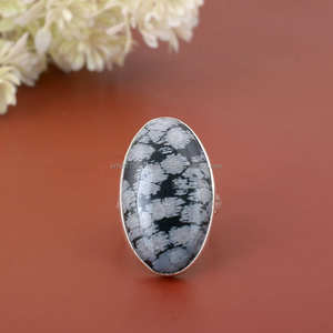 Bague en argent sterling 925 faite à la main, bague en obsidienne flocon de neige blanc noir, bague en obsidienne à la main avec lunette simple - Product Image 6
