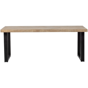 Table de salle à manger industrielle en bois de manguier massif avec plateau carré à motif rayé, finition blanche vieillie et noire, et pieds en métal en forme de U - Product Image 2