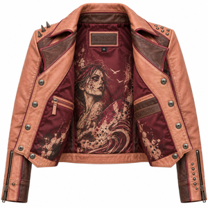 Peach Tan <b>Women</b> Genuine Leather Biker Jacket Custom Surfer Girl Graphic Print Snap Button Double Breasted Spiked <b>Outerwear</b> - Product Image 5