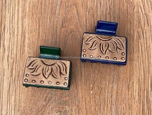 New Arrival Western Stylish Handmade <b>Tooled</b> Engraved Leather Mini Hair <b>Clips</b> Leather Mini Claw <b>Clip</b> Hair Accessories for Women's - Product Image 4
