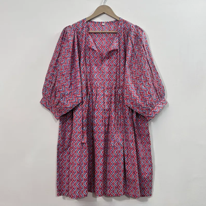 Mini-robe formelle vintage en coton 100% naturel, imprimée à la main, faite à la main, écologique, col en V, manches 3/4, ourlet à volants en dentelle, lavable - Product Image 1