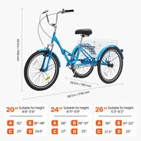 Tricycle pliant pour adulte en acier au carbone bleu de 24 pouces avec grand panier, vélo cruiser à 3 roues, siège réglable, vélo cargo modèle D0100HADKHG