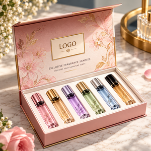 Exclusive Fragrance Sample Set 6pc Colorful Glass Bottles Magnetic Closure <b>Pink</b> Floral Box Gold Foil Logo Rigid Cosmetic Gift - Product Image 1