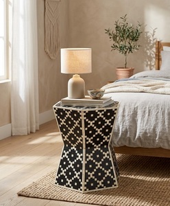 Mesa de Noche Moderna de Madera Maciza con Incrustaciones de Hueso Negro, con 1 Cajón, para Dormitorio, Sala de Estar, Muebles para el Hogar - Product Image 2