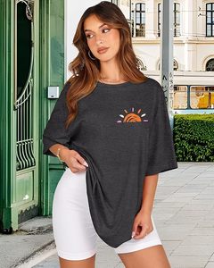 T-shirt décontracté pour femme en jersey de coton gris à col rond et manches courtes, coupe ample, imprimé, respirant, printemps-été - Product Image 4