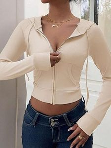 Sudadera con capucha corta Y2K para mujer, de punto acanalado, con cremallera, estilo informal, para otoño, ajustada, de manga larga, con bolsillos. - Product Image 3