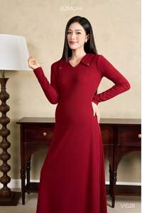 Robe moulante rouge à manches longues V1528 en tissu coréen doux, chaud et extensible, respirant, pour femmes enceintes, vente en gros - Product Image 4