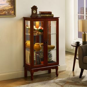 Vetrina Illuminata a 3 Ripiani Cherry con Ripiani Regolabili e Porte in Vetro Temperato, Pannello Posteriore a Specchio per Soggiorno - Product Image 6