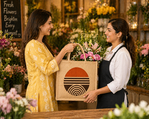 Bolsa de Yute Natural Extra Grande con Estampado Geométrico Circular de Atardecer, Bolsa de Compras Reutilizable Ecológica - Product Image 2