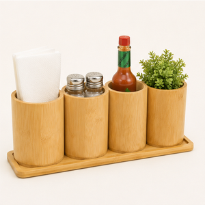 Porte-couverts en bambou écologique à 4 compartiments avec plateau de base, organiseur d'ustensiles en bois naturel pour comptoir de cuisine, en promotion - Product Image 3