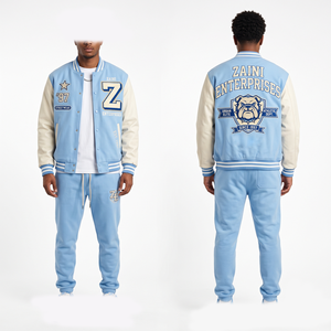 ZAINI Unisex Varsity Tracksuit 320 GSM Cotton Polyester Fleece Sky Blue White Contrast Sleeve Chenille <b>Embroidery</b> Custom Logo - Product Image 1