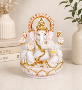 Statue de Ganesha assis en résine et marbre, artisanat Nirmala |   Idole du Seigneur Vinayaka avec halo rayonnant et accents dorés - Product Image 2