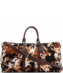 Oval Duffle Bag Cowhide Leather Brown White Unisex Travel Shoulder Strap Zipper Closure Utility Pocket 20-36L Capacity - Product Image 5