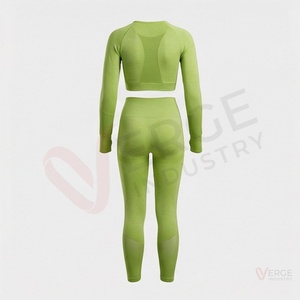 Ensemble de yoga 2 pièces pour femmes, haut court à manches longues sans couture vert, leggings taille haute - Product Image 2