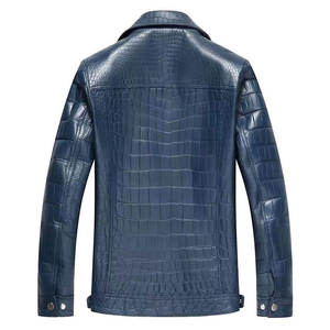 Blouson Bomber Homme en Cuir Véritable Bleu Gaufré à Motifs, Col Rabattu, Fermeture Éclair, Respirant et Écologique - Product Image 3