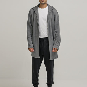 Custom <b>Men</b>’s <b>Grey</b> Longline Open Front Hooded <b>Cardigan</b> with Side Pockets Minimalist Streetwear Jacket - Product Image 1