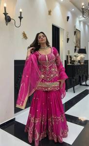 Ensemble Salwar Kameez rose brodé avec travail miroir, style Anarkali, longueur ras du sol, tenue traditionnelle pour mariage et fêtes pour femmes - Product Image 2