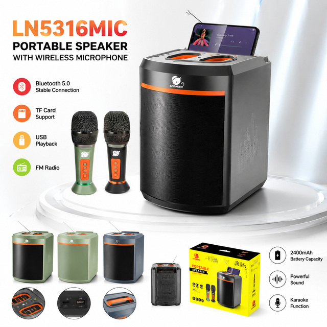 LN-5316MIC Portable Speaker with Dual Wireless Microphone 55W Loud Bass Karaoke Audio System Wholesale