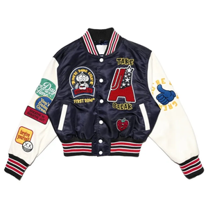 Chaqueta Universitaria Azul Marino para Mujer con Diseño de Parches Bordados, Corte Regular, Cuello Camisero, Estilo Casual, Ropa de Otoño - Product Image 1