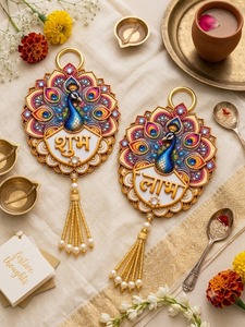 Decoración Artesanal 3D de Pavo Real Shubh Labh en MDF para Colgar en la Pared, Tradicional Decoración India para el Festival Diwali, Mandir Pooja, Hogar y Oficina, Venta al Por Mayor - Product Image 1