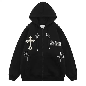 Sudadera con Capucha Gótica para Hombre, Negra, con Estampado de Cruz y Estrella, de Algodón Tejido, Estilo Urbano Otoñal - Product Image 3