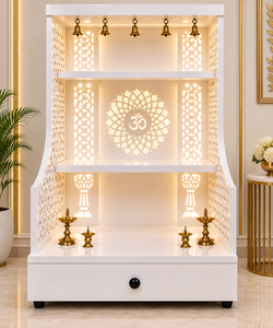 Modern Om Jali Teak Wood <b>Mandir</b> LED Lighting Luxury White Pooja Drawer Handcrafted Home Furniture Prayer Cabinet USA - Product Image 2
