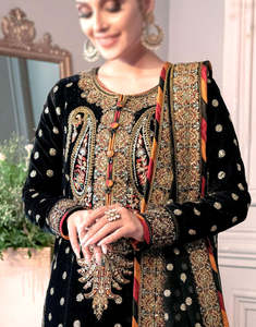 Black Embroidered Velvet Anarkali Suit Long Shirt Length Traditional Indian Pakistani Wedding <b>Dress</b> Women Formal Evening Wear - Product Image 2