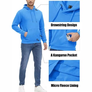 Sweat à capuche bleu uni personnalisé OEM, en coton épais, avec poche kangourou, coupe oversize - Product Image 4