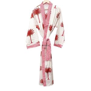 White 100% Cotton Printed Floral Pattern Full Length Robe Women's V-Neck Long Sleeve <b>Belt</b> Summer Casual Sleepwear Gown - Product Image 4