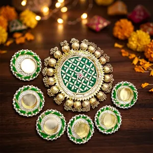 Handmade Eco-Friendly Luxury Unique Green Gold Pearl <b>Tealight</b> Candle <b>Holder</b> Set Floral Rangoli Tray Diwali Party Festival Home - Product Image 2