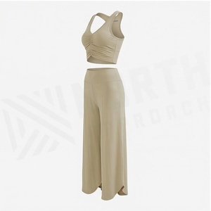 North Approach 2 Piece Yoga Set Ruched Tank Top High Waist Wide Leg Pants Solid Beige Breathable Seamless Women's Sportswear - Product Image 3