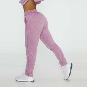 Pantalones deportivos casuales de mujer, de felpa rosa con lavado ácido, de cintura alta y puños elásticos - Product Image 5