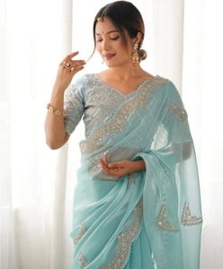 Sari Bollywood Jimmy Jimmy pour femme, brodé et orné de motifs floraux, avec blouse non cousue (bleu) - Product Image 1
