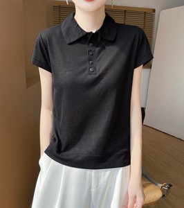 T-shirt décontracté d'été pour femme en maille Oxford unie avec col, manches courtes, anti-plis et séchage rapide - Product Image 2