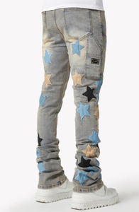 <b>Men's</b> Star Applique Distressed Breathable Customizable <b>Jogger</b> Pants Mid Waist Button Fly Street Style Unisex <b>Denim</b> - Product Image 4